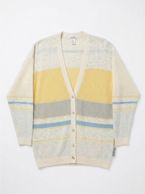 Cream V-Neck Cardigan with Yellow & Blue Stripes